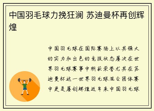 中国羽毛球力挽狂澜 苏迪曼杯再创辉煌