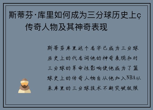 斯蒂芬·库里如何成为三分球历史上的传奇人物及其神奇表现
